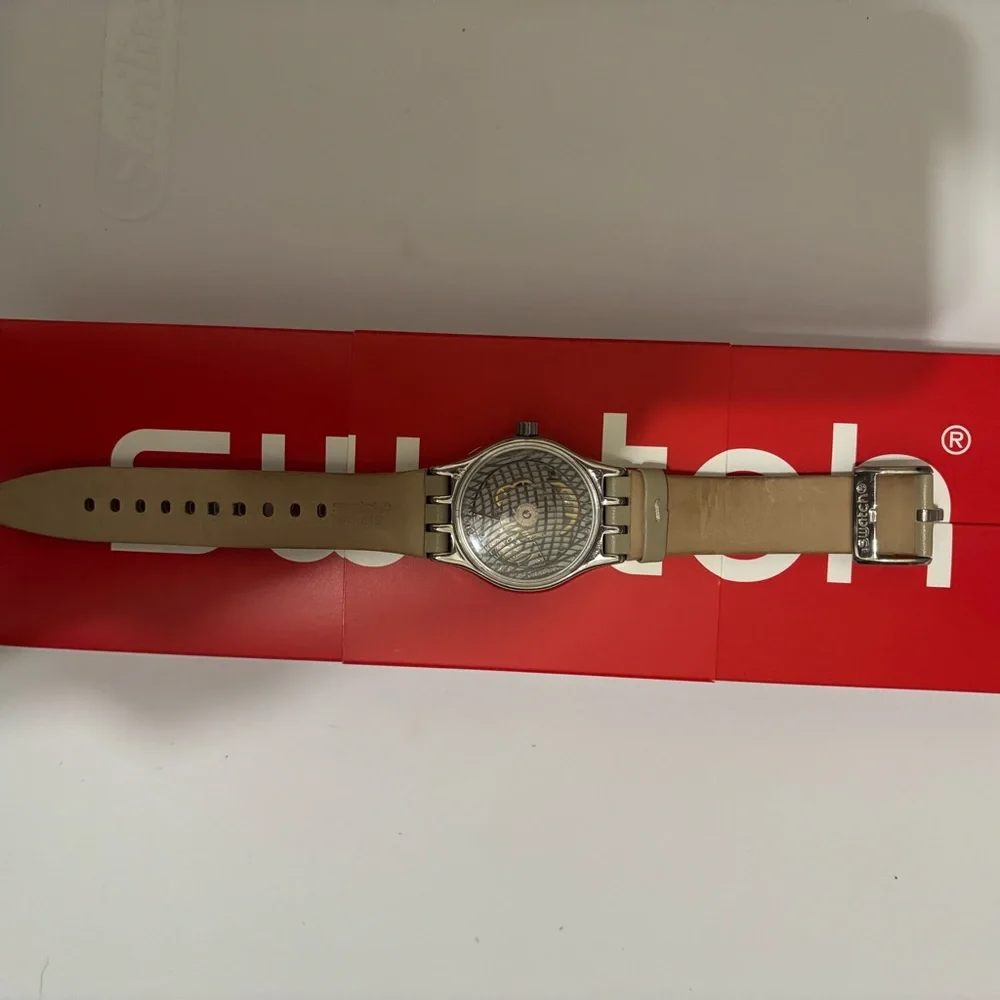 Swatch Taupe-Beige Leather Strap Watch with Silver Case